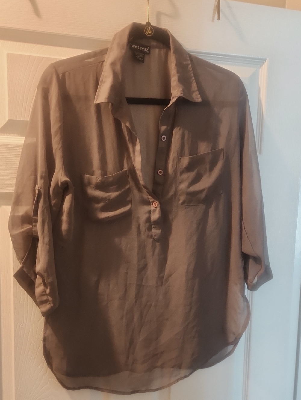 Wetseal Sheer Button-Front Tunic Blouse in Taupe Grey